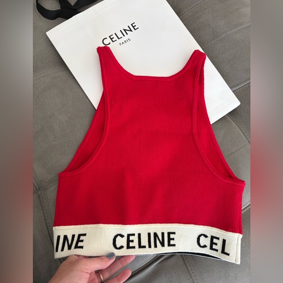 Celine Red Graphic Print Scoop Neck Crop Top Size S Logo Top - Picture 6 of 16